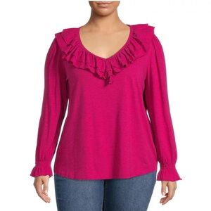 🌹Terra & Sky - Fuchsia Ruffled V-Neck Top - Size 2X